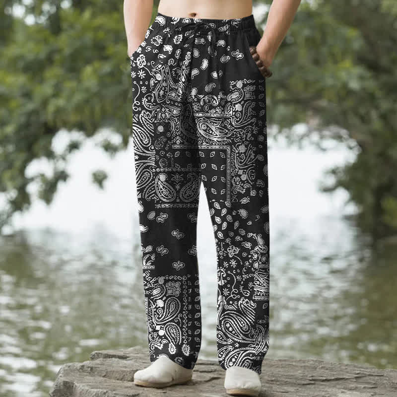 Buddha Stones Pantaloni da uomo affusolati in cotone con motivo patchwork paisley bianco e nero e tasche. - Nero - US/UK/AU50, EU60 (5XL) - image 0