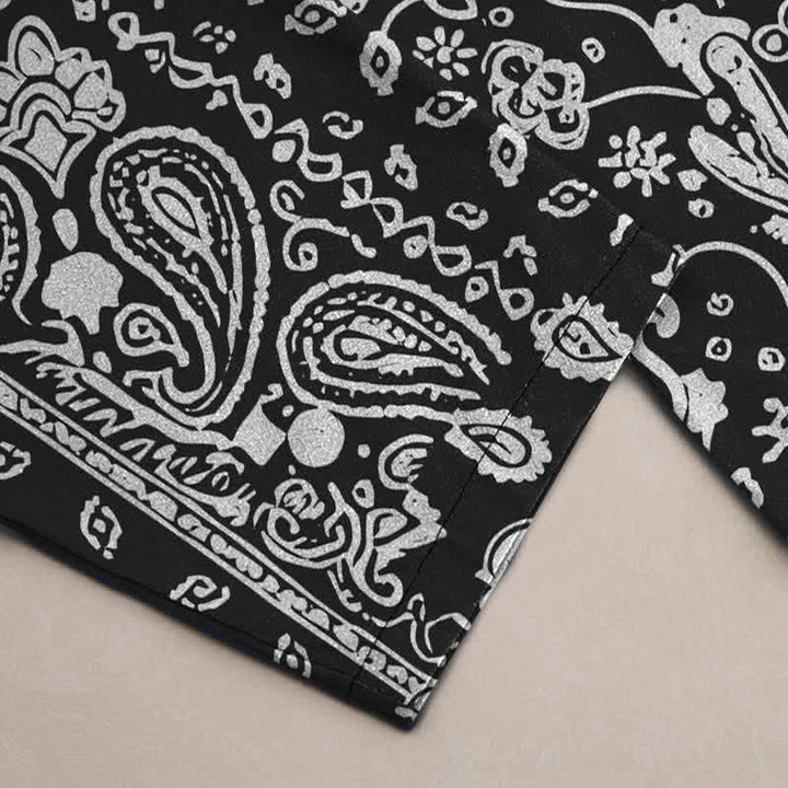 Buddha Stones Pantaloni da uomo affusolati in cotone con motivo patchwork paisley bianco e nero e tasche. - image 3