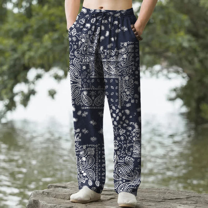 Buddha Stones Pantaloni da uomo affusolati in cotone con motivo patchwork paisley bianco e nero e tasche. - Marina - US/UK/AU50, EU60 (5XL) - image 4