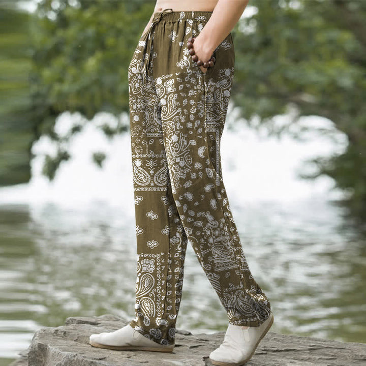 Buddha Stones Pantaloni da uomo affusolati in cotone con motivo patchwork paisley bianco e nero e tasche. - image 7