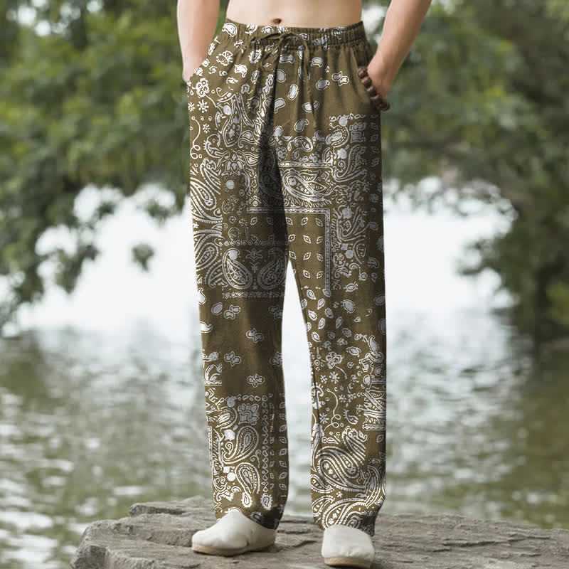 Buddha Stones Pantaloni da uomo affusolati in cotone con motivo patchwork paisley bianco e nero e tasche. - Verde oliva - US/UK/AU50, EU60 (5XL) - image 6