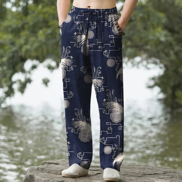 Buddha Stones Pantaloni da uomo affusolati in cotone con motivo geometrico a piume e tasche. - Marina - US/UK/AU50, EU60 (5XL) - image 0