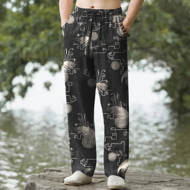 Buddha Stones Pantaloni da uomo affusolati in cotone con motivo geometrico a piume e tasche. - Nero - US/UK/AU50, EU60 (5XL) - image 4