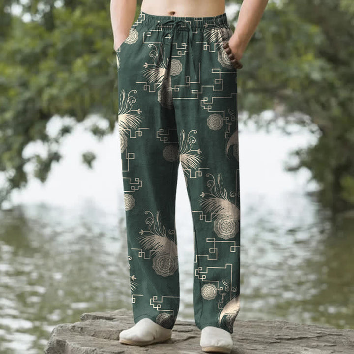 Buddha Stones Pantaloni da uomo affusolati in cotone con motivo geometrico a piume e tasche. - Verde studentesco - US/UK/AU50, EU60 (5XL) - image 6