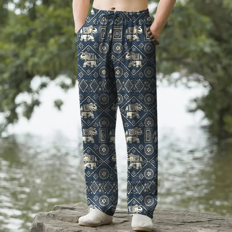 Buddha Stones Pantaloni da uomo affusolati in cotone avorio con motivo geometrico mandala a elefante e tasche. - Marina - US/UK/AU50, EU60 (5XL) - image 4