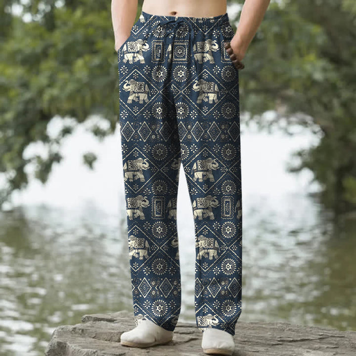 Buddha Stones Pantaloni da uomo affusolati in cotone avorio con motivo geometrico mandala a elefante e tasche. - Marina - US/UK/AU50, EU60 (5XL) - image 4