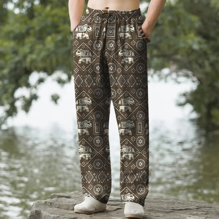 Buddha Stones Pantaloni da uomo affusolati in cotone avorio con motivo geometrico mandala a elefante e tasche. - Marrone sella - US/UK/AU50, EU60 (5XL) - image 6