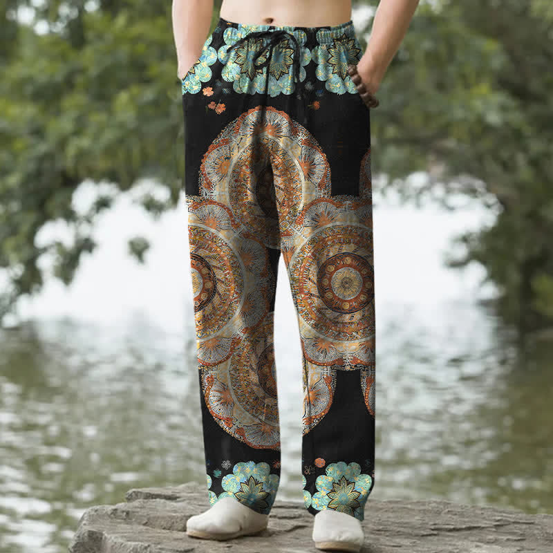 Buddha Stones Pantaloni da uomo affusolati in puro cotone con motivo floreale mandala e tasche. - Nero - US/UK/AU50, EU60 (5XL) - image 0