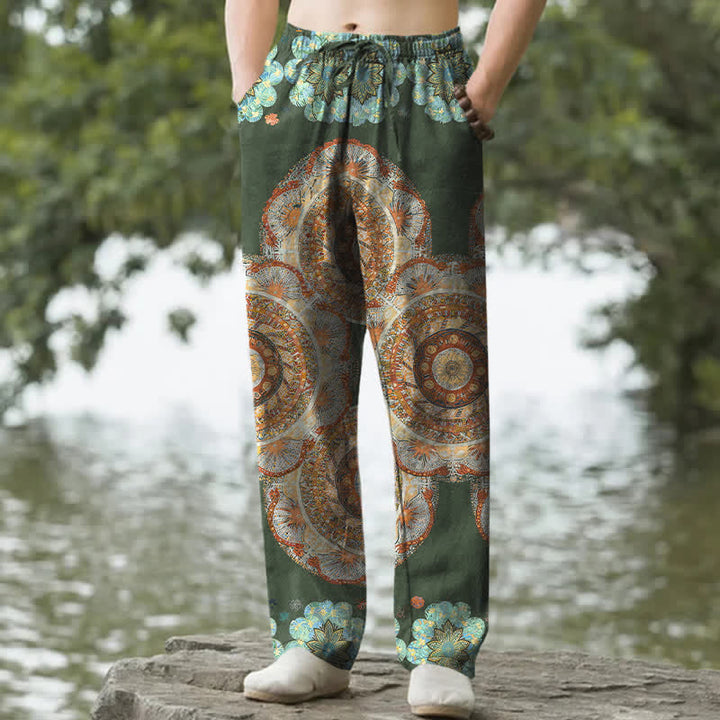 Buddha Stones Pantaloni da uomo affusolati in puro cotone con motivo floreale mandala e tasche. - Verde scuro - US/UK/AU50, EU60 (5XL) - image 4