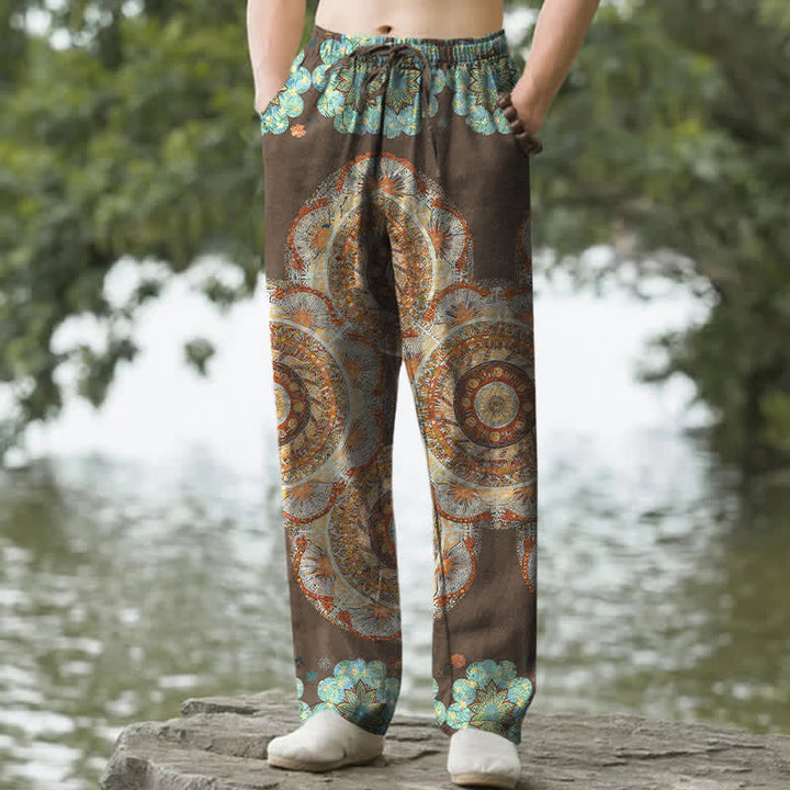 Buddha Stones Pantaloni da uomo affusolati in puro cotone con motivo floreale mandala e tasche. - Siena - US/UK/AU50, EU60 (5XL) - image 6