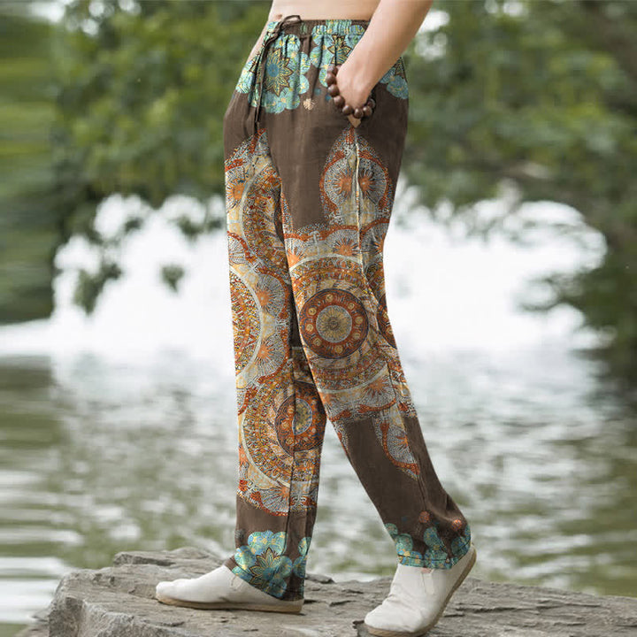 Buddha Stones Pantaloni da uomo affusolati in puro cotone con motivo floreale mandala e tasche. - image 7