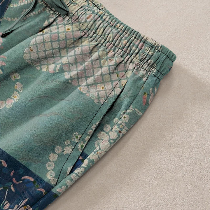 Buddha Stones Pantaloni da uomo affusolati in cotone con motivo floreale patchwork in stile boho e tasche. - image 2