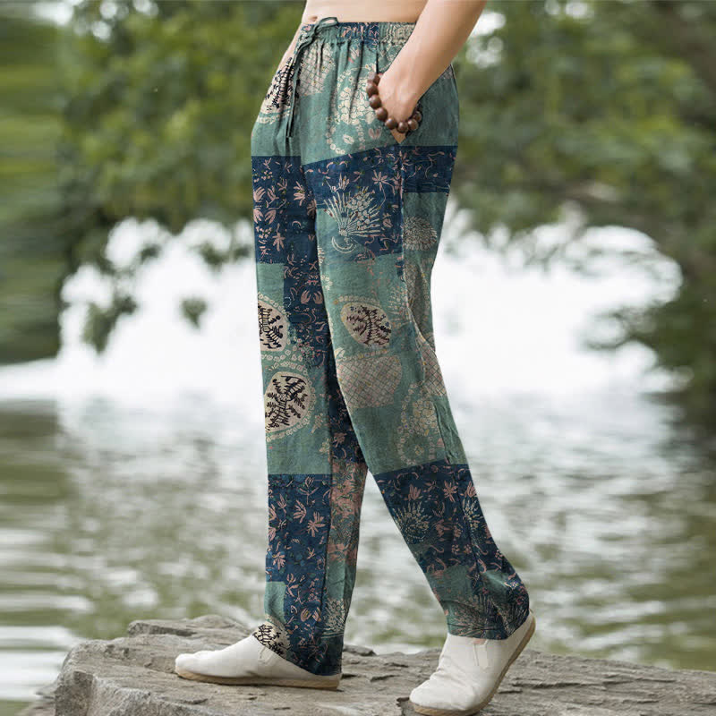 Buddha Stones Pantaloni da uomo affusolati in cotone con motivo floreale patchwork in stile boho e tasche. - image 1
