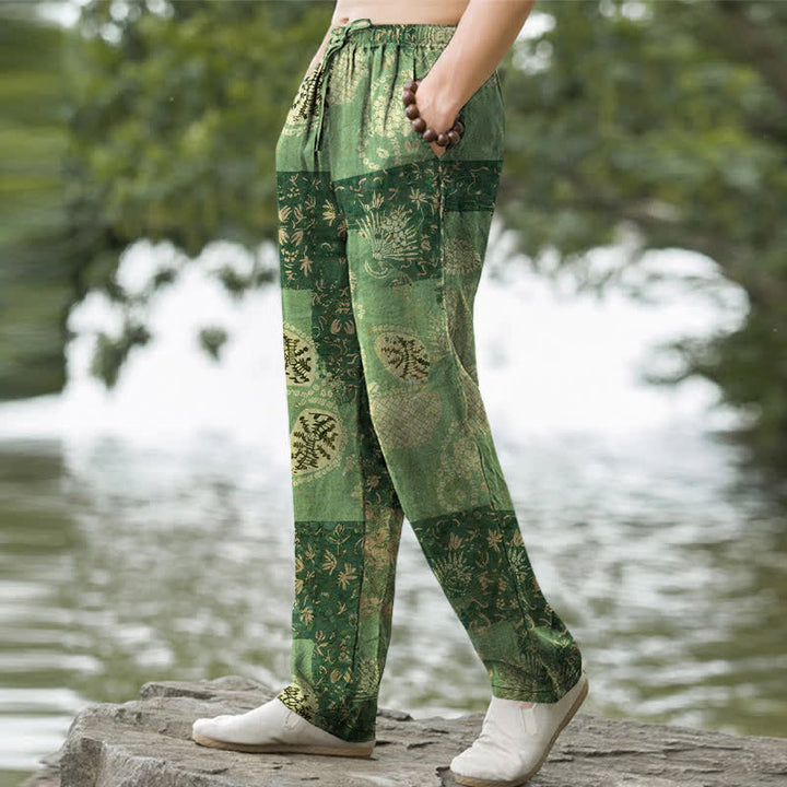 Buddha Stones Pantaloni da uomo affusolati in cotone con motivo floreale patchwork in stile boho e tasche. - image 5
