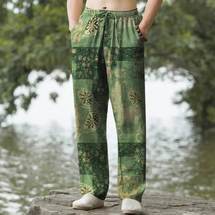 Buddha Stones Pantaloni da uomo affusolati in cotone con motivo floreale patchwork in stile boho e tasche. - Verde oliva - US/UK/AU50, EU60 (5XL) - image 4
