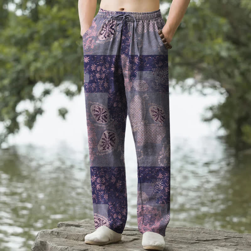 Buddha Stones Pantaloni da uomo affusolati in cotone con motivo floreale patchwork in stile boho e tasche. - Indaco - US/UK/AU50, EU60 (5XL) - image 6