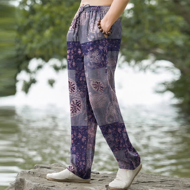 Buddha Stones Pantaloni da uomo affusolati in cotone con motivo floreale patchwork in stile boho e tasche. - image 7