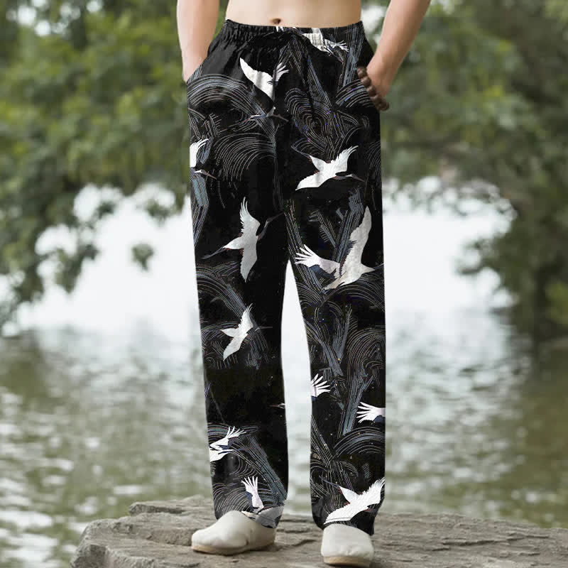 Buddha Stones Pantaloni da uomo affusolati in cotone bianco con stampa a onde Crane Ink e tasche. - Nero - US/UK/AU50, EU60 (5XL) - image 0
