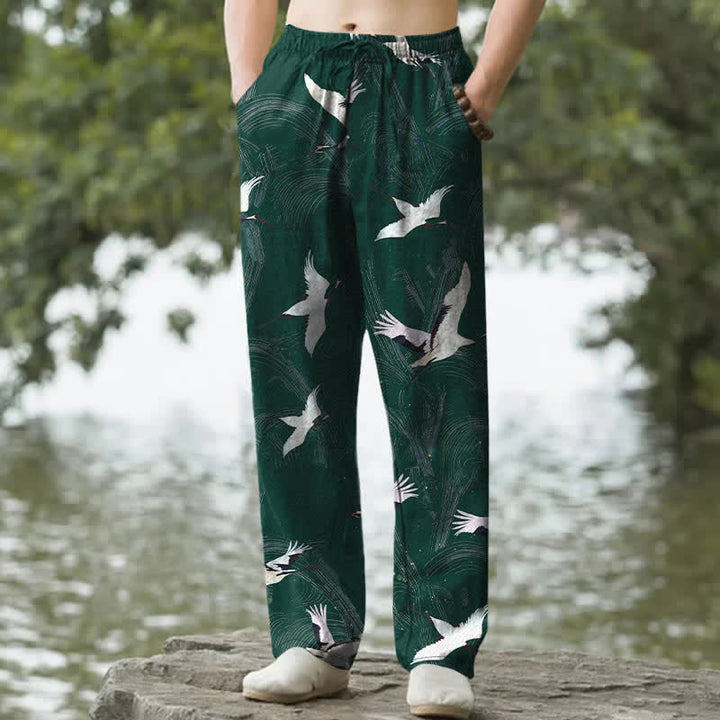 Buddha Stones Pantaloni da uomo affusolati in cotone bianco con stampa a onde Crane Ink e tasche. - Verde studentesco - US/UK/AU50, EU60 (5XL) - image 6
