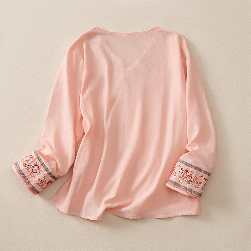Camicia da donna a maniche lunghe con scollo obliquo e ricamo di fiori Buddha Stones, stile casual. - image 8