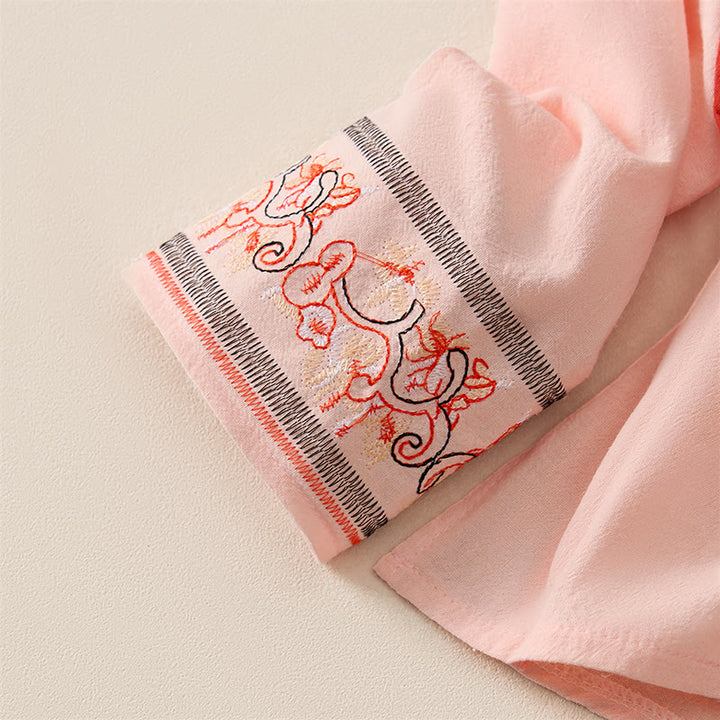 Camicia da donna a maniche lunghe con scollo obliquo e ricamo di fiori Buddha Stones, stile casual. - image 10