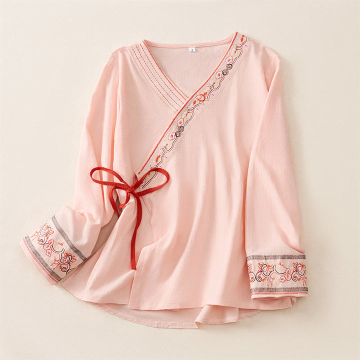 Camicia da donna a maniche lunghe con scollo obliquo e ricamo di fiori Buddha Stones, stile casual. - Rosa - US8-10, UK/AU12-14, EU40-42 (3XL) - image 7