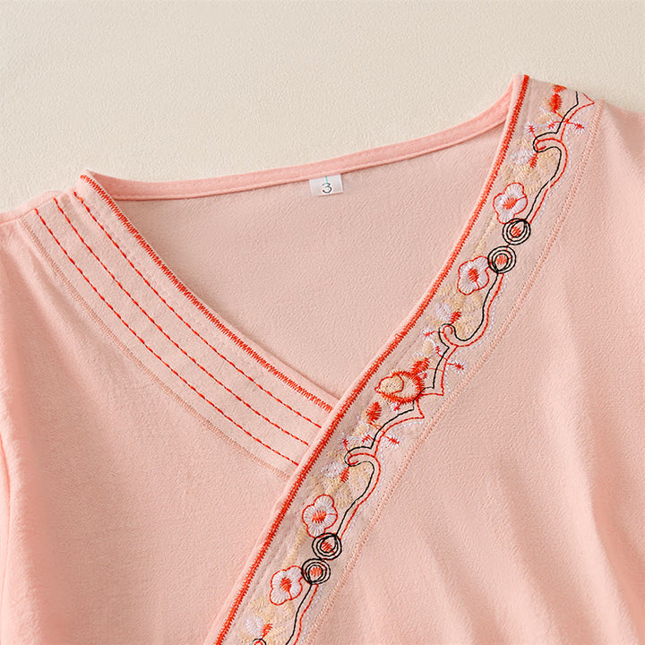 Camicia da donna a maniche lunghe con scollo obliquo e ricamo di fiori Buddha Stones, stile casual. - image 11