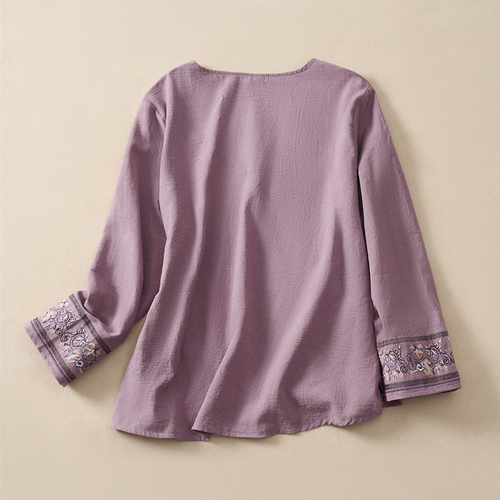 Camicia da donna a maniche lunghe con scollo obliquo e ricamo di fiori Buddha Stones, stile casual. - image 18
