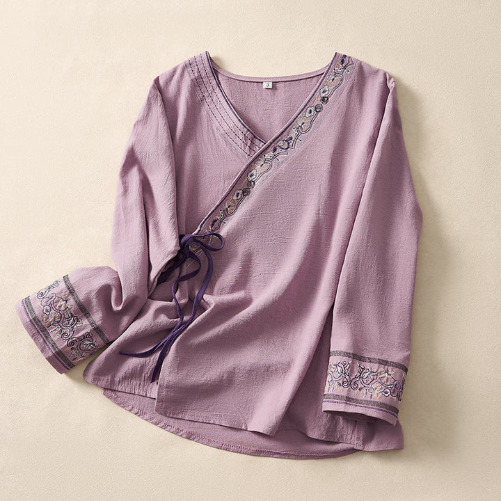 Camicia da donna a maniche lunghe con scollo obliquo e ricamo di fiori Buddha Stones, stile casual. - Orchidea - US8-10, UK/AU12-14, EU40-42 (3XL) - image 13