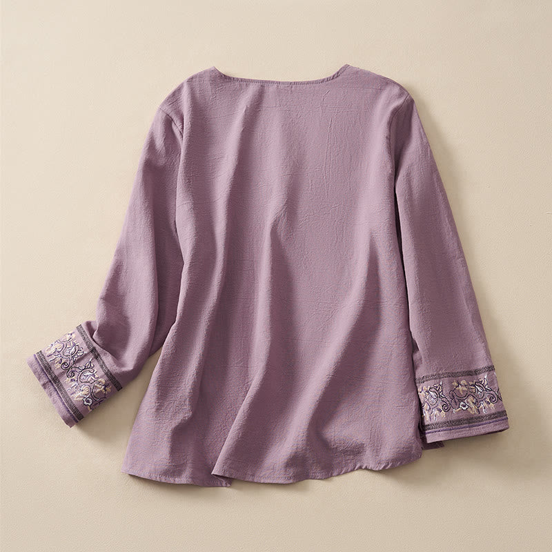 Camicia da donna a maniche lunghe con scollo obliquo e ricamo di fiori Buddha Stones, stile casual. - image 18