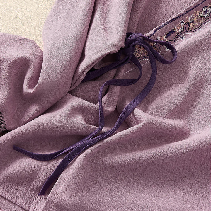 Camicia da donna a maniche lunghe con scollo obliquo e ricamo di fiori Buddha Stones, stile casual. - image 14