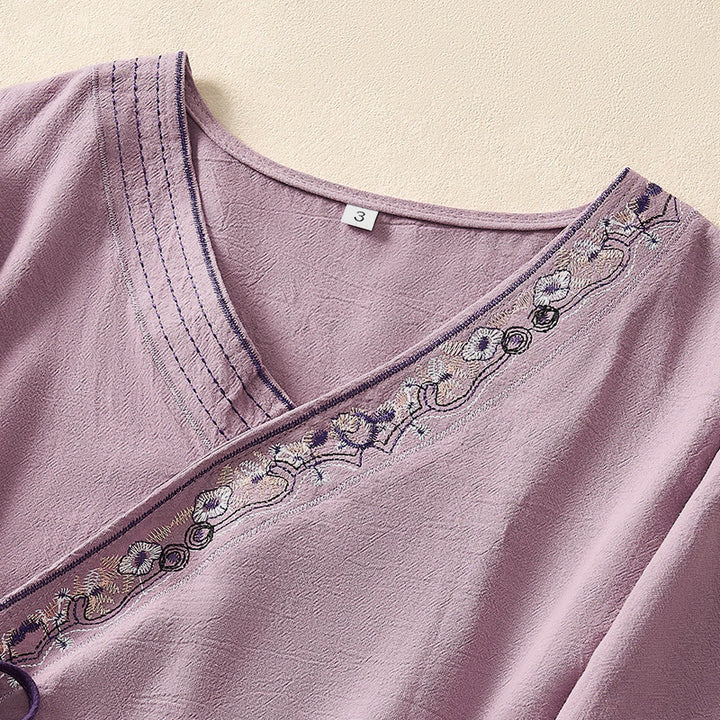 Camicia da donna a maniche lunghe con scollo obliquo e ricamo di fiori Buddha Stones, stile casual. - image 16