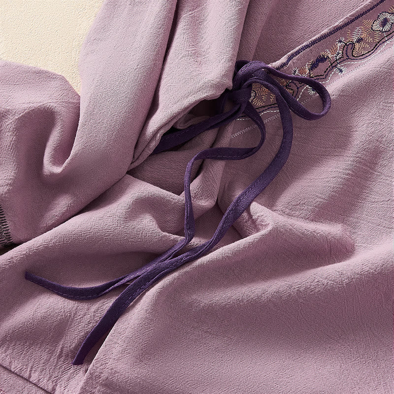 Camicia da donna a maniche lunghe con scollo obliquo e ricamo di fiori Buddha Stones, stile casual. - image 14