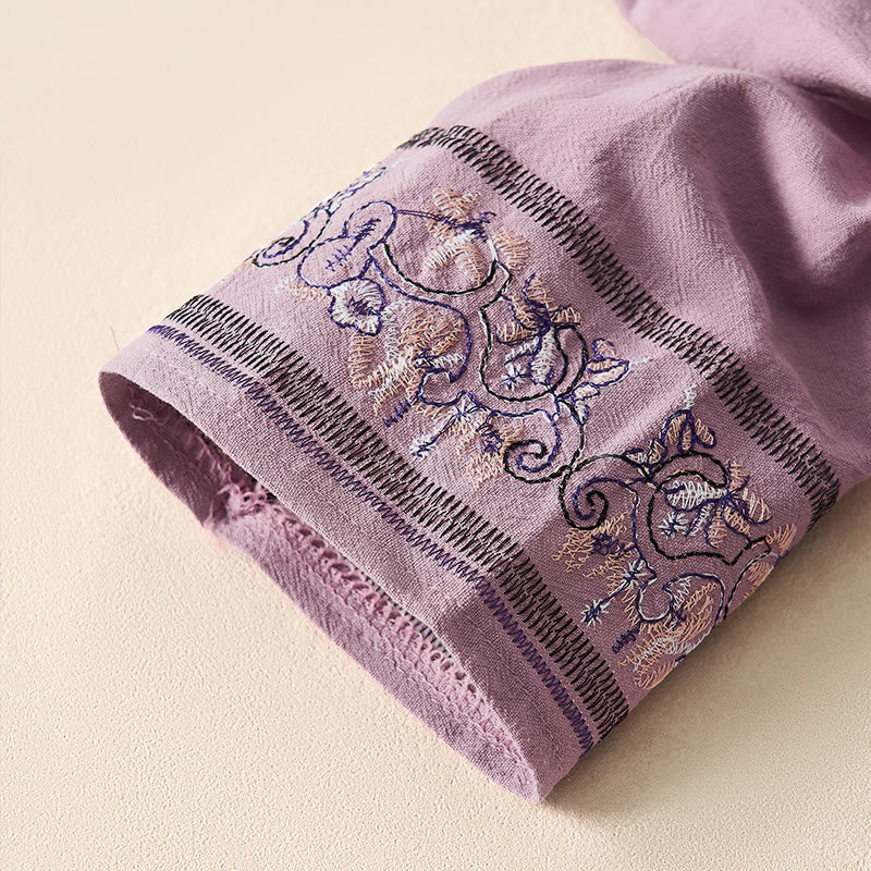 Camicia da donna a maniche lunghe con scollo obliquo e ricamo di fiori Buddha Stones, stile casual. - image 15