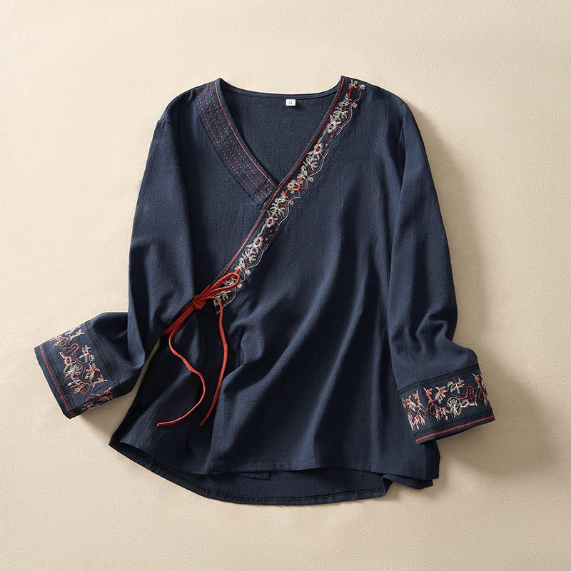 Camicia da donna a maniche lunghe con scollo obliquo e ricamo di fiori Buddha Stones, stile casual. - Marina - US8-10, UK/AU12-14, EU40-42 (3XL) - image 19