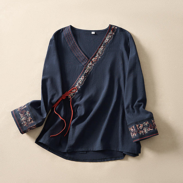 Camicia da donna a maniche lunghe con scollo obliquo e ricamo di fiori Buddha Stones, stile casual. - Marina - US8-10, UK/AU12-14, EU40-42 (3XL) - image 19