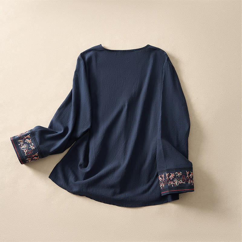 Camicia da donna a maniche lunghe con scollo obliquo e ricamo di fiori Buddha Stones, stile casual. - image 24