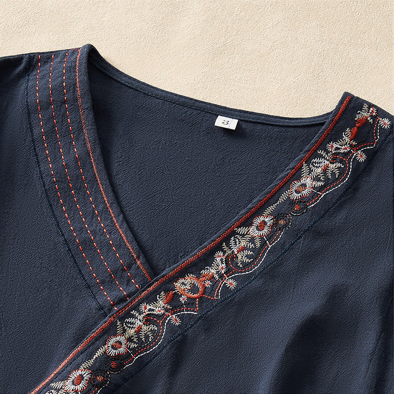 Camicia da donna a maniche lunghe con scollo obliquo e ricamo di fiori Buddha Stones, stile casual. - image 20