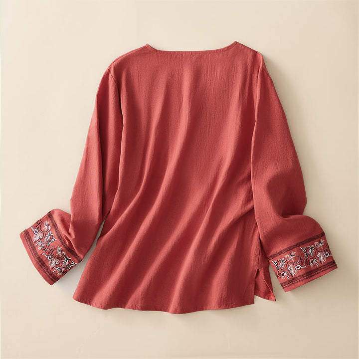 Camicia da donna a maniche lunghe con scollo obliquo e ricamo di fiori Buddha Stones, stile casual. - image 6