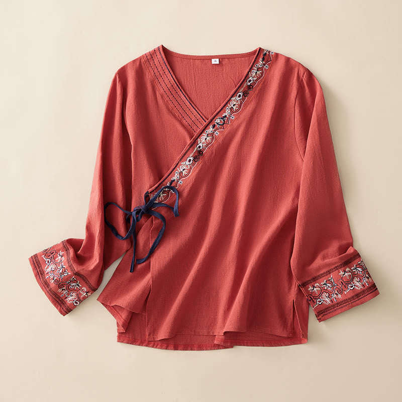 Camicia da donna a maniche lunghe con scollo obliquo e ricamo di fiori Buddha Stones, stile casual. - FireBrick - US8-10, UK/AU12-14, EU40-42 (3XL) - image 0