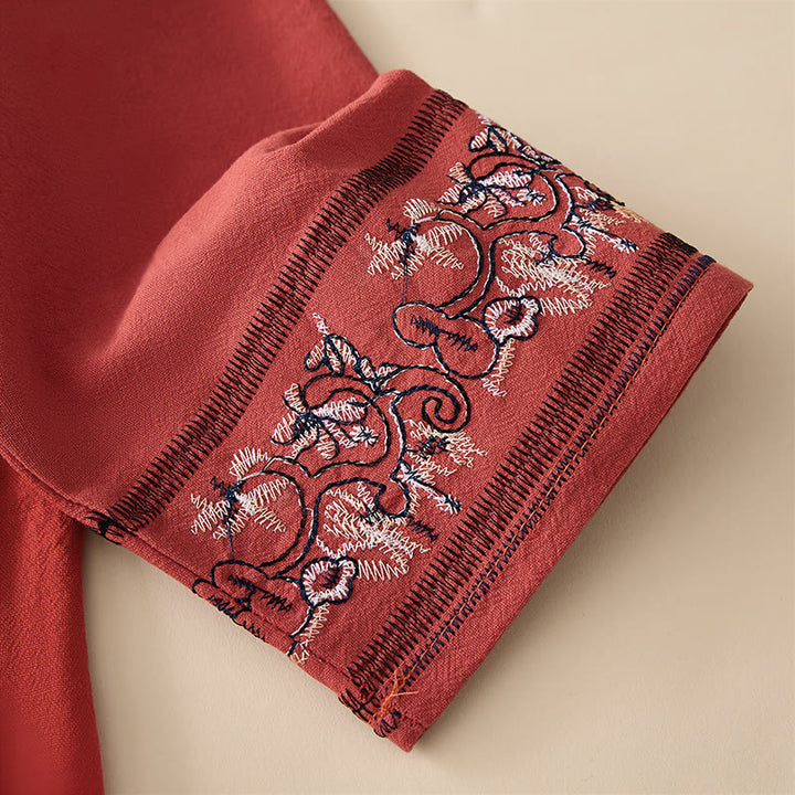 Camicia da donna a maniche lunghe con scollo obliquo e ricamo di fiori Buddha Stones, stile casual. - image 3