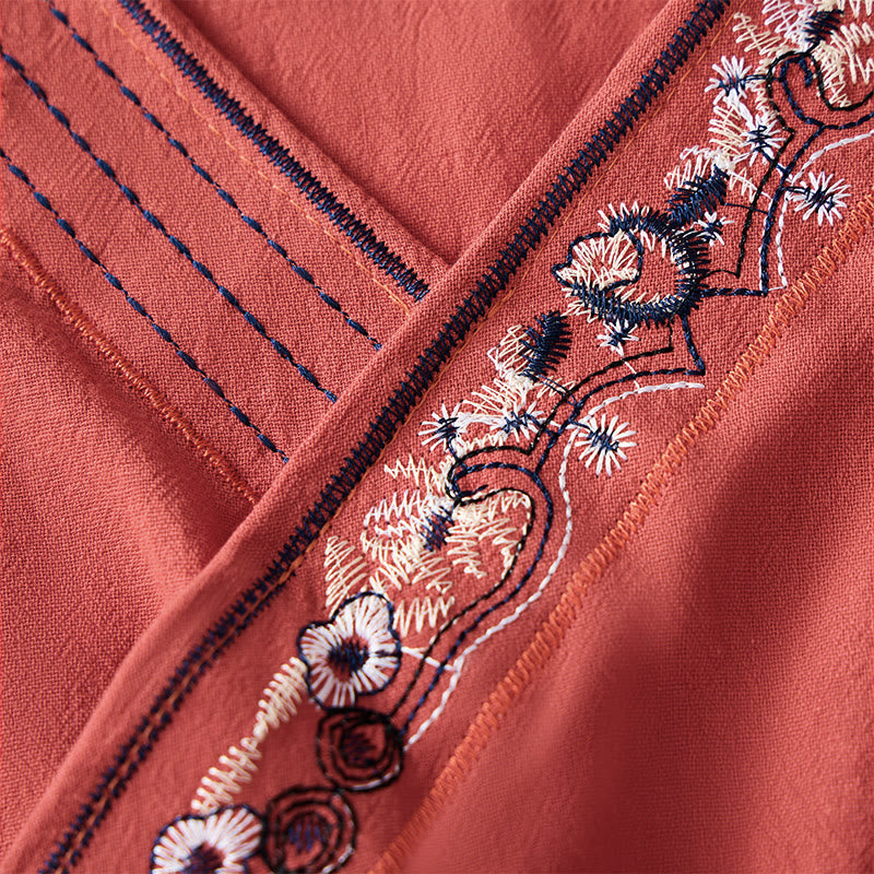 Camicia da donna a maniche lunghe con scollo obliquo e ricamo di fiori Buddha Stones, stile casual. - image 5