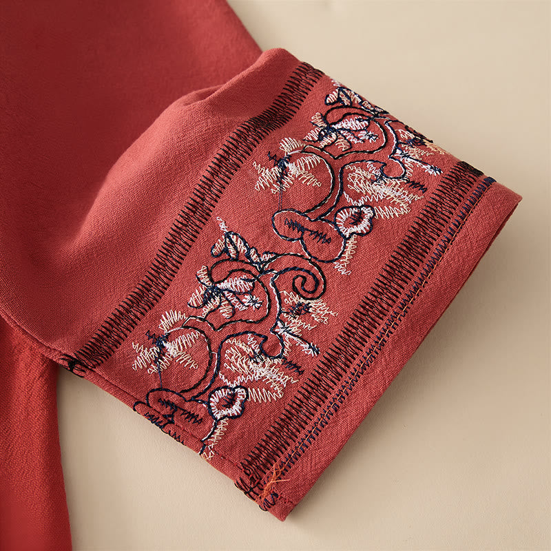 Camicia da donna a maniche lunghe con scollo obliquo e ricamo di fiori Buddha Stones, stile casual. - image 3