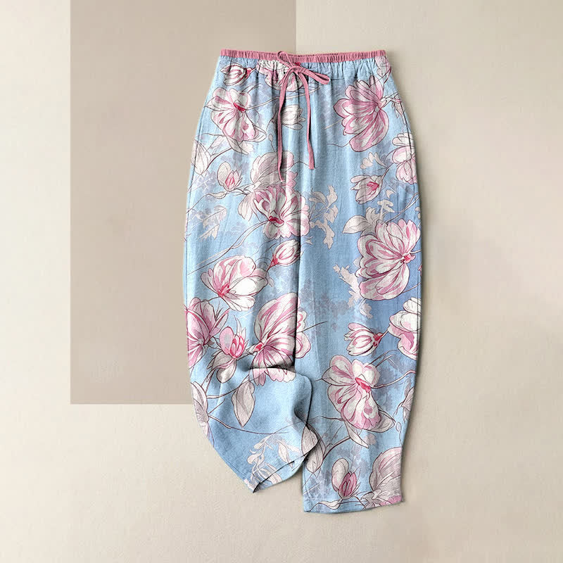 Buddha Stones Pantaloni da donna in puro cotone con elastico in vita e tasche, fantasia floreale rosa romantica. - Azzurro chiaro - US16, UK/AU20, EU48 (3XL) - image 0