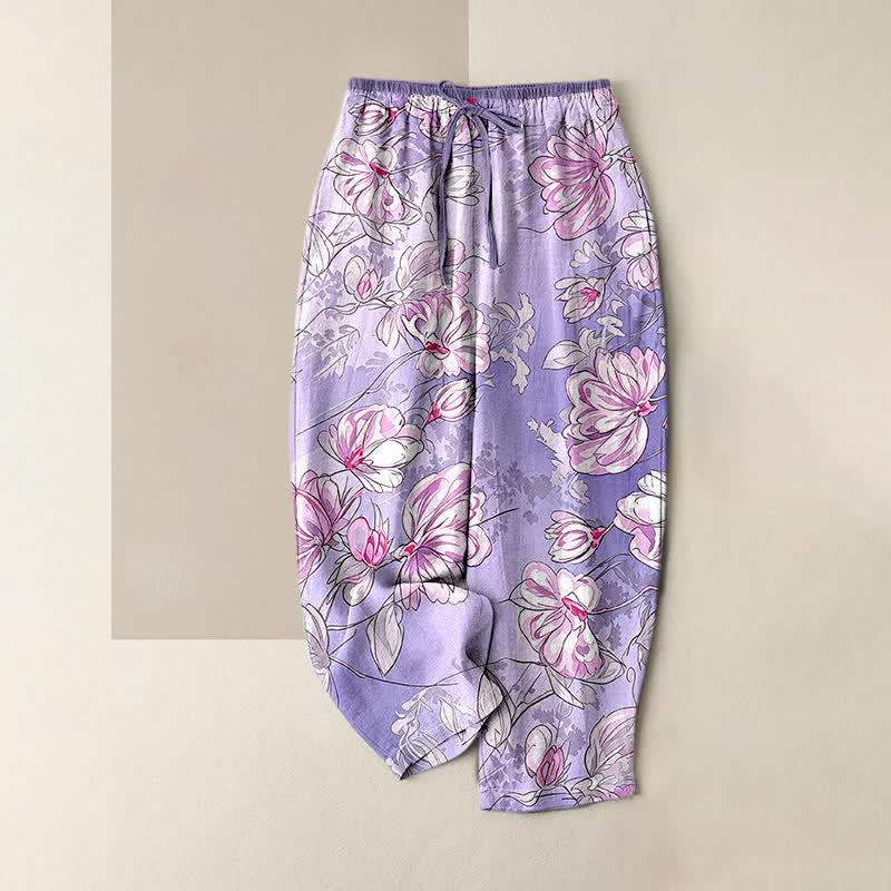 Buddha Stones Pantaloni da donna in puro cotone con elastico in vita e tasche, fantasia floreale rosa romantica. - Viola medio - US16, UK/AU20, EU48 (3XL) - image 3