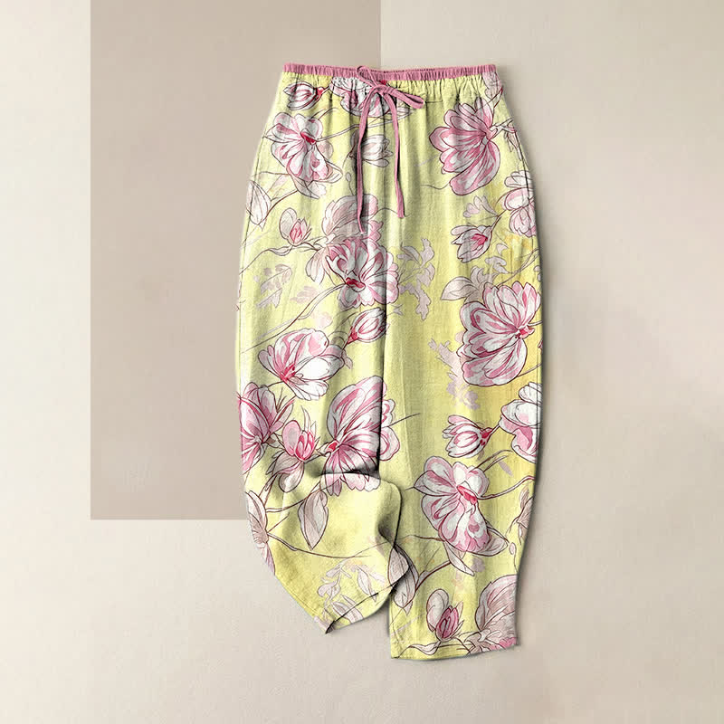 Buddha Stones Pantaloni da donna in puro cotone con elastico in vita e tasche, fantasia floreale rosa romantica. - Giallo - US16, UK/AU20, EU48 (3XL) - image 4