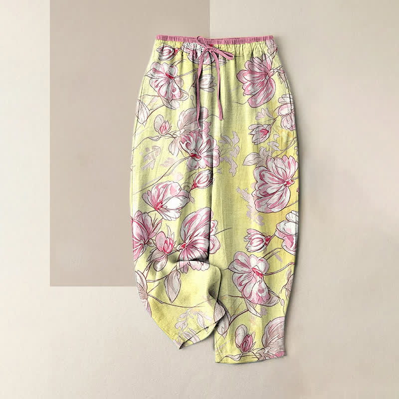 Buddha Stones Pantaloni da donna in puro cotone con elastico in vita e tasche, fantasia floreale rosa romantica. - Giallo - US16, UK/AU20, EU48 (3XL) - image 4