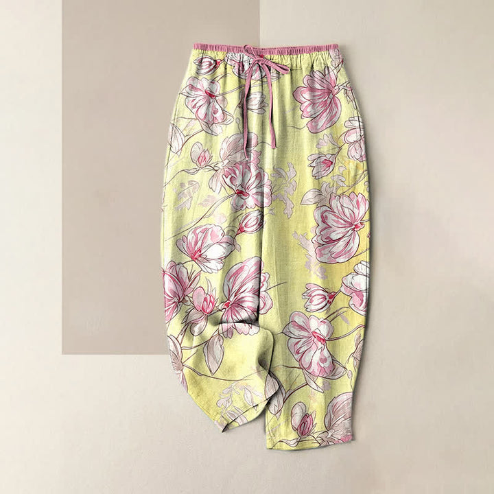 Buddha Stones Pantaloni da donna in puro cotone con elastico in vita e tasche, fantasia floreale rosa romantica. - Giallo - US16, UK/AU20, EU48 (3XL) - image 4