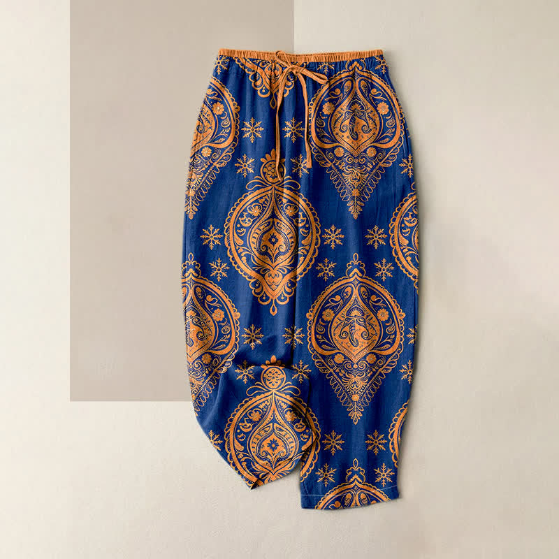 Buddha Stones Pantaloni da donna in puro cotone con fantasia floreale e vita elasticizzata, dotati di tasche. - Blu reale - US16, UK/AU20, EU48 (3XL) - image 0