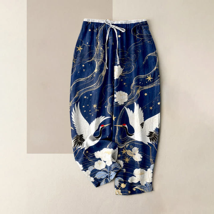 Buddha Stones Eleganti pantaloni da donna in puro cotone con motivo floreale e gru, vita elasticizzata e tasche. - Marina - US16, UK/AU20, EU48 (3XL) - image 0